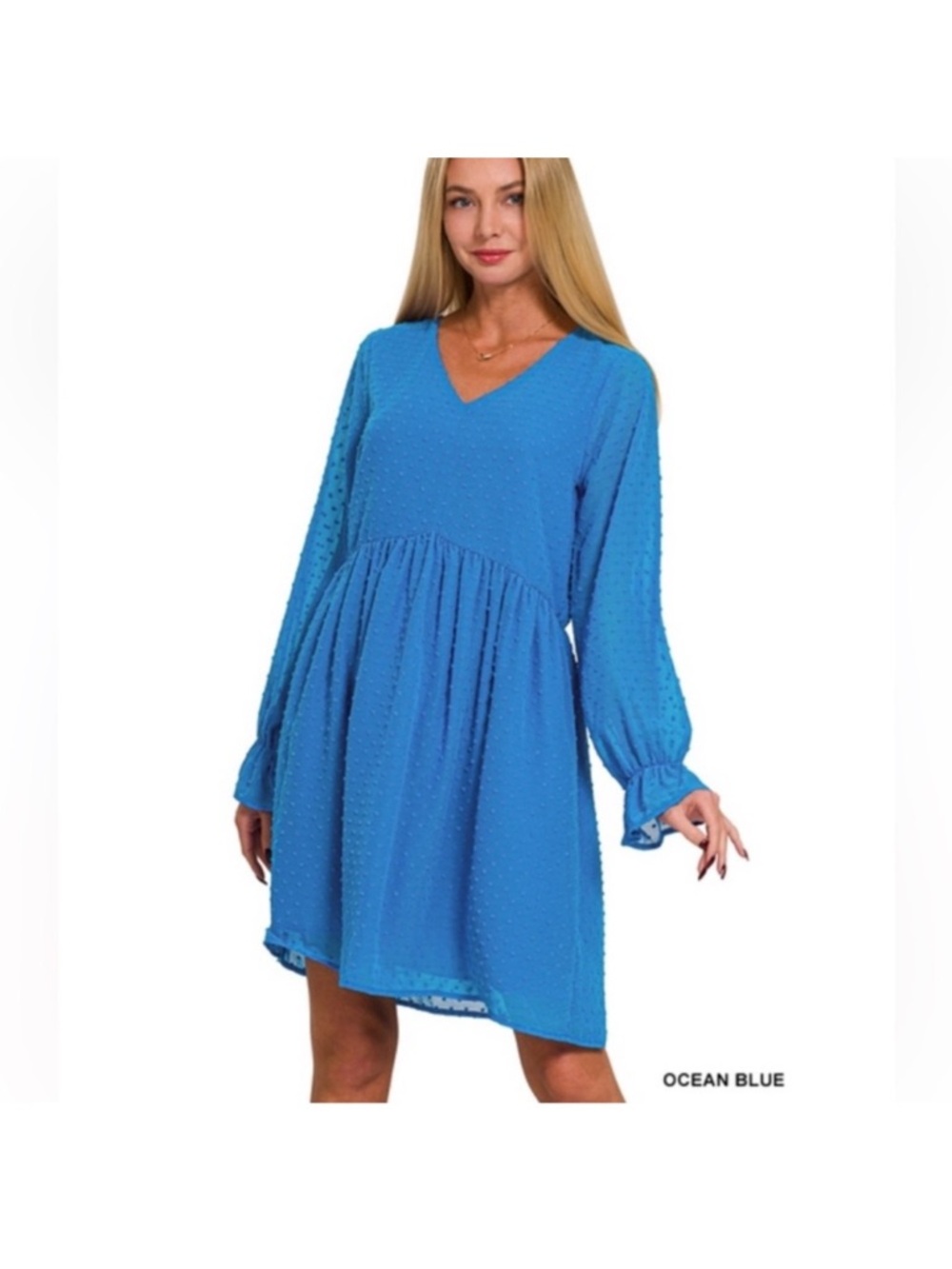 Zenana Outfitters Ocean Blue V-Neck Long-Sleeve Babydoll Dress